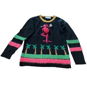 Womens PINK FLAMINGO Palm Tree Ugly Christmas Sweater Derek Heart Size Large